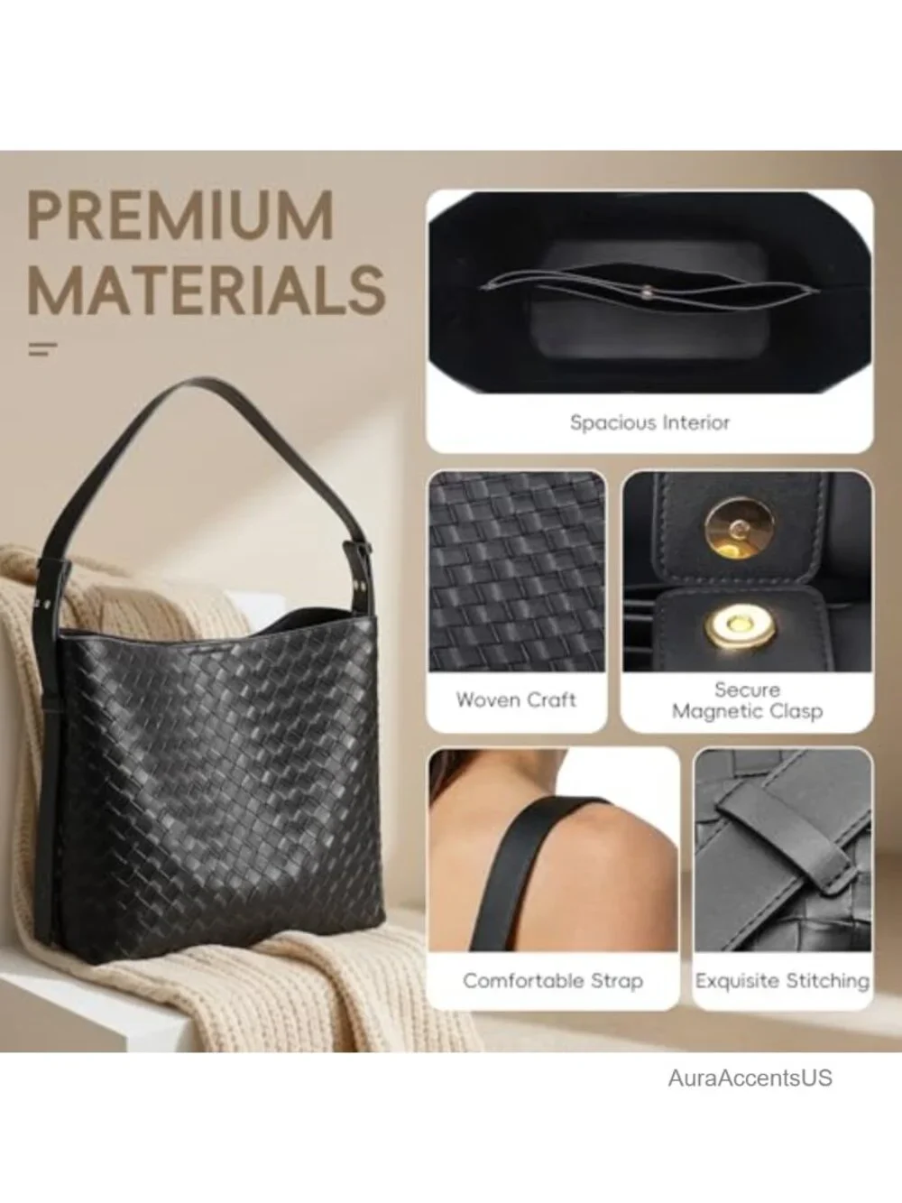 Large Woven Tote Bag with Adjustable Strap, Multi-Pockets, PU Leather, Work